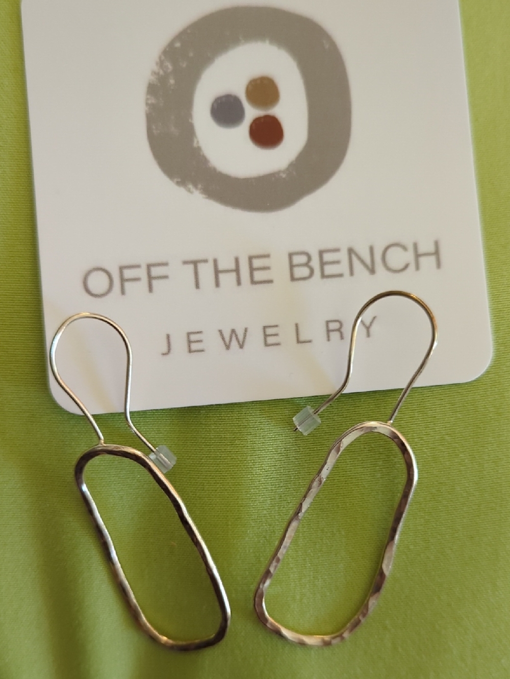 Silver Hammered Oval Drop Earrings - Silver - Handmade
